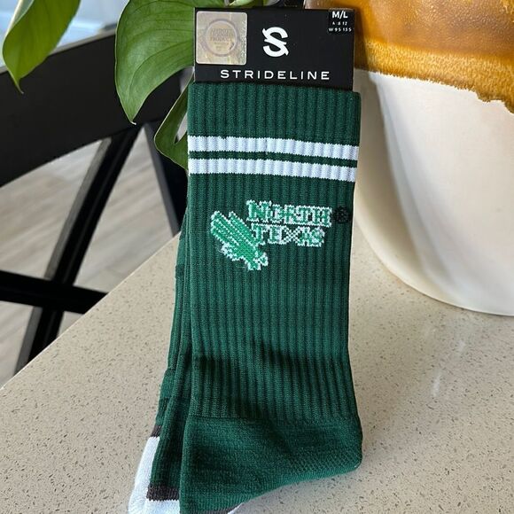 NWT University of North Texas Strideline Green Socks M/L Knit Striped Crew Sport - Picture 1 of 9